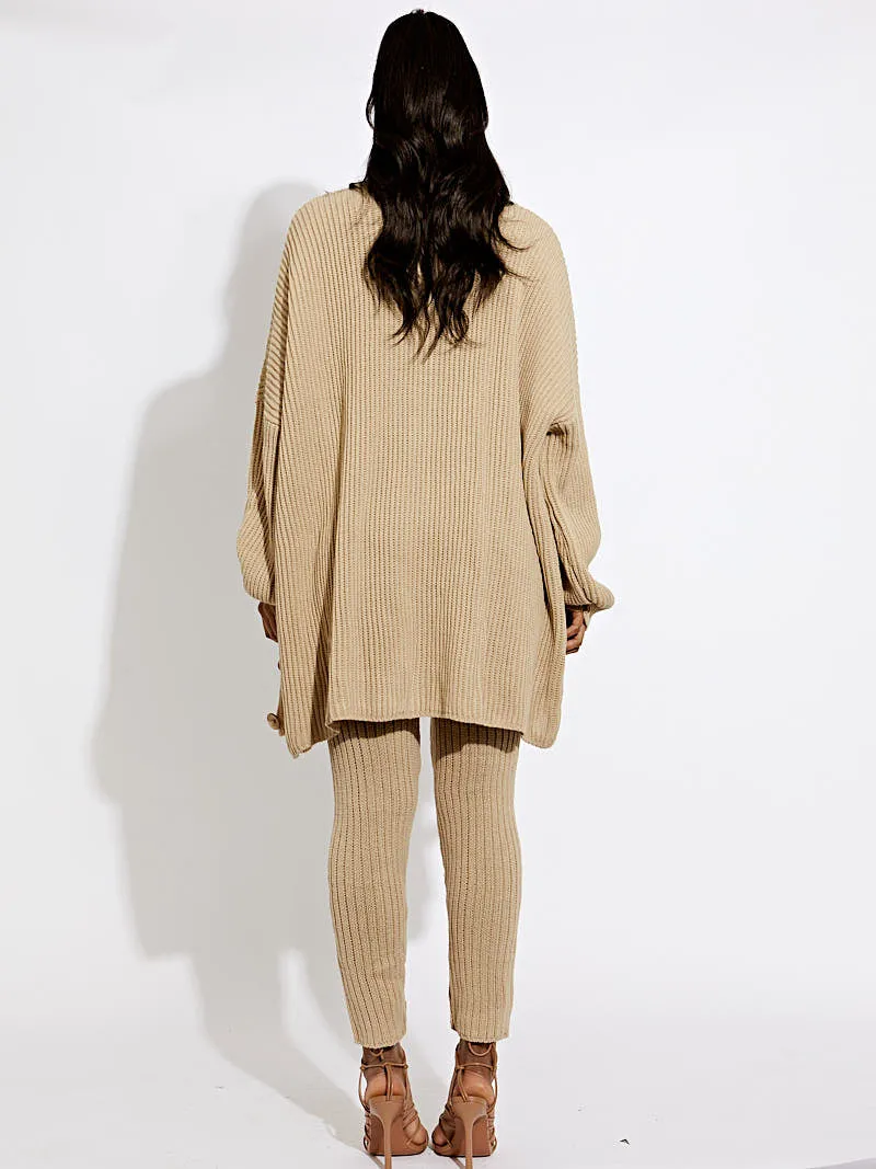Alex Ribbed Knit Buttoned Cardigan & Legging Co-ord In Stone sold by Vivichi product image thumbnail 4