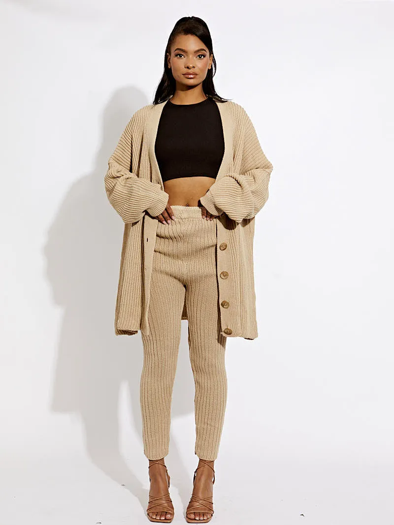 Alex Ribbed Knit Buttoned Cardigan & Legging Co-ord In Stone sold by Vivichi product image thumbnail 2