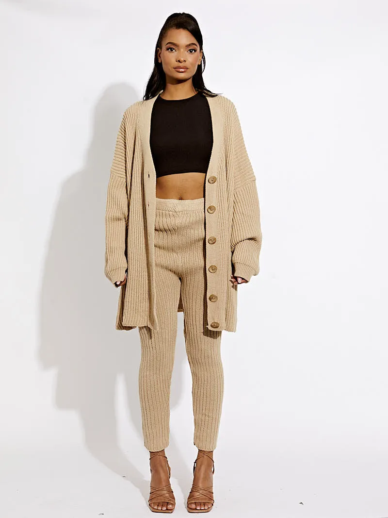Alex Ribbed Knit Buttoned Cardigan & Legging Co-ord In Stone sold by Vivichi