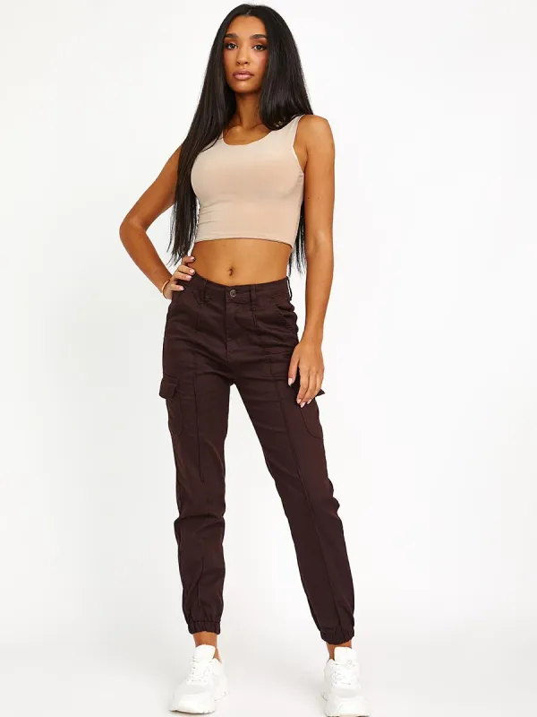 Carlia Cuffed Hem Cargo Trousers In Brown made by Vivichi