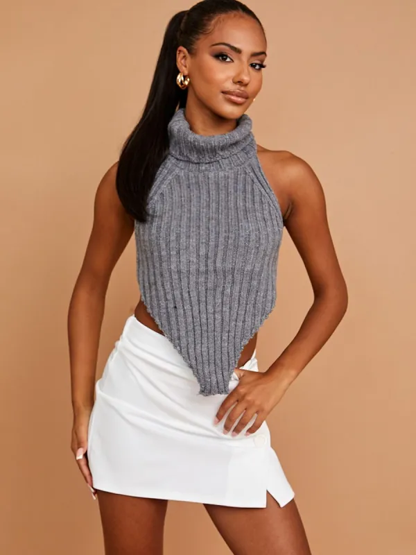 Caitlyn Halter Roll Neck Asymmetric Hem Knitted Crop Top In Grey sold by Vivichi