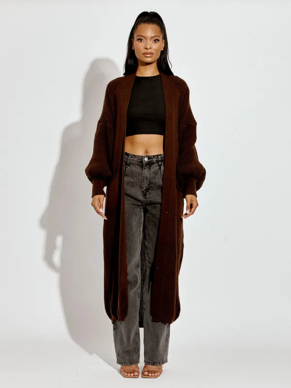 Clara Balloon Sleeves Knitted Open Cardigan In Chocolate sold by Vivichi