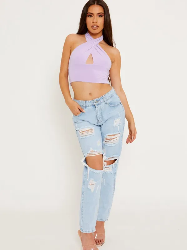 Morgane Halterneck Tie-Knot Slinky Crop Top In Lilac sold by Vivichi