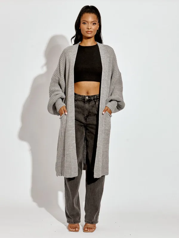 Clara Balloon Sleeves Knitted Open Cardigan In Grey sold by Vivichi