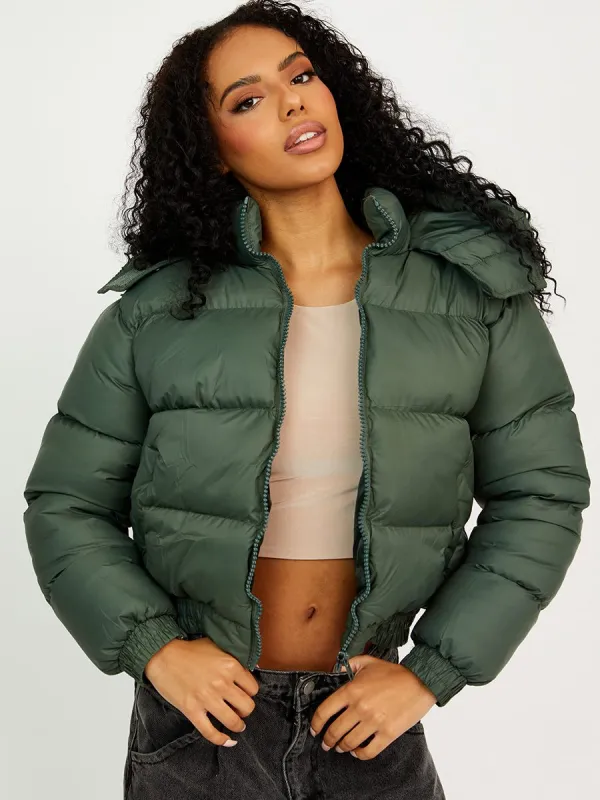 Niya Hooded Padded Puffer Jacket In Olive sold by Vivichi