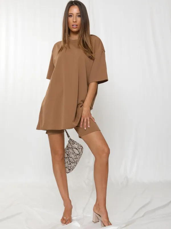 Donika Oversized T-Shirt & Shorts Co-ord In Camel sold by Vivichi