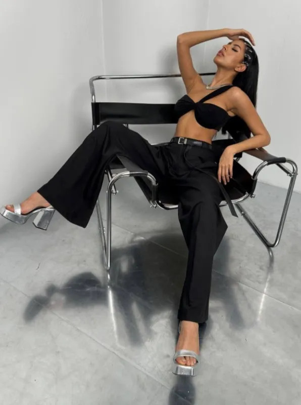 **PRE-ORDER** Bonnie Pleat Detail Belted Trouser In Black sold by Vivichi
