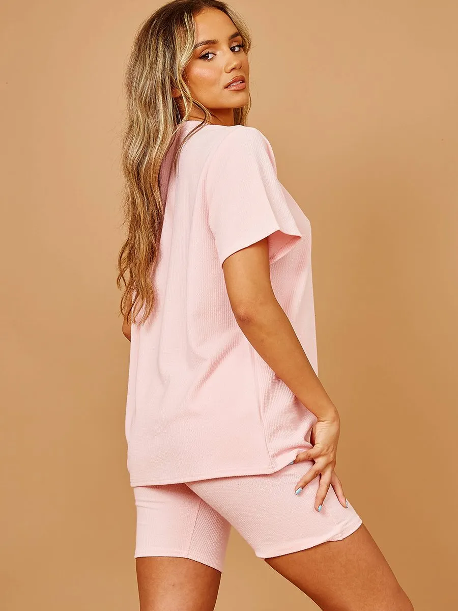 Casey New Ribbed Oversized Top & Shorts Co-ord In Pink sold by Vivichi product image thumbnail 5