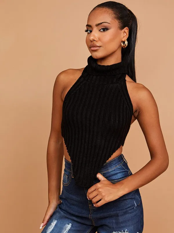 Caitlyn Halter Roll Neck Asymmetric Hem Knitted Crop Top In Black sold by Vivichi
