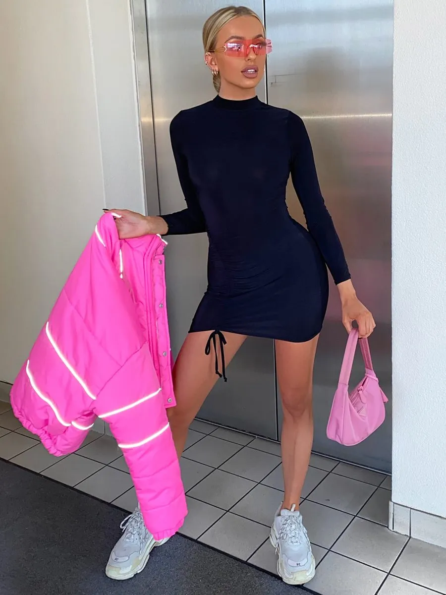 Laia Ruched Drawstring Front Slinky Dress In Black sold by Vivichi