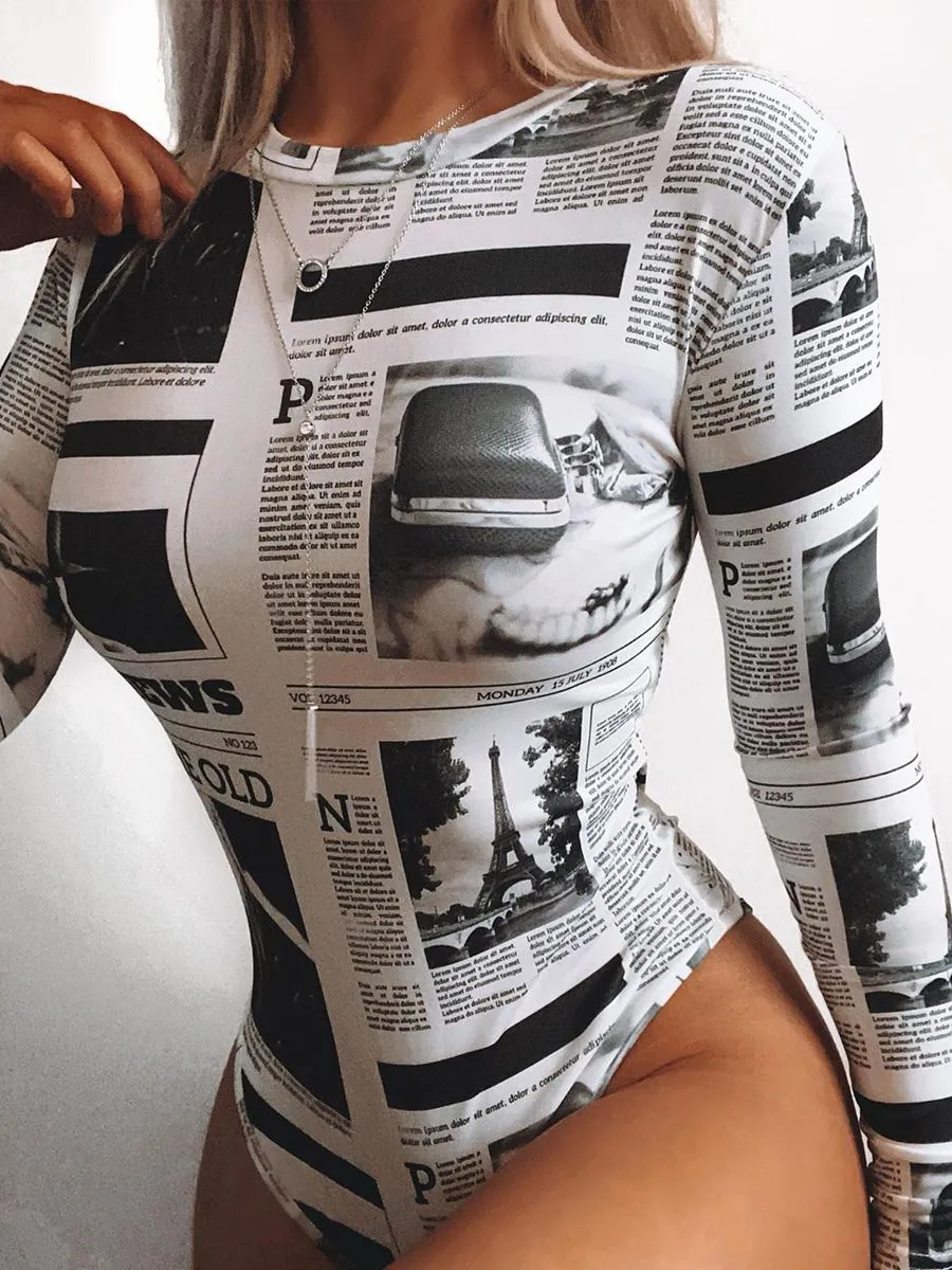 Ada Newspaper Print Bodysuit In White sold by Vivichi