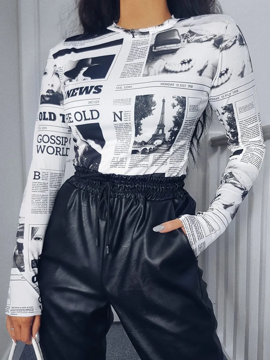 Ada Newspaper Print Bodysuit In White sold by Vivichi product image thumbnail 2