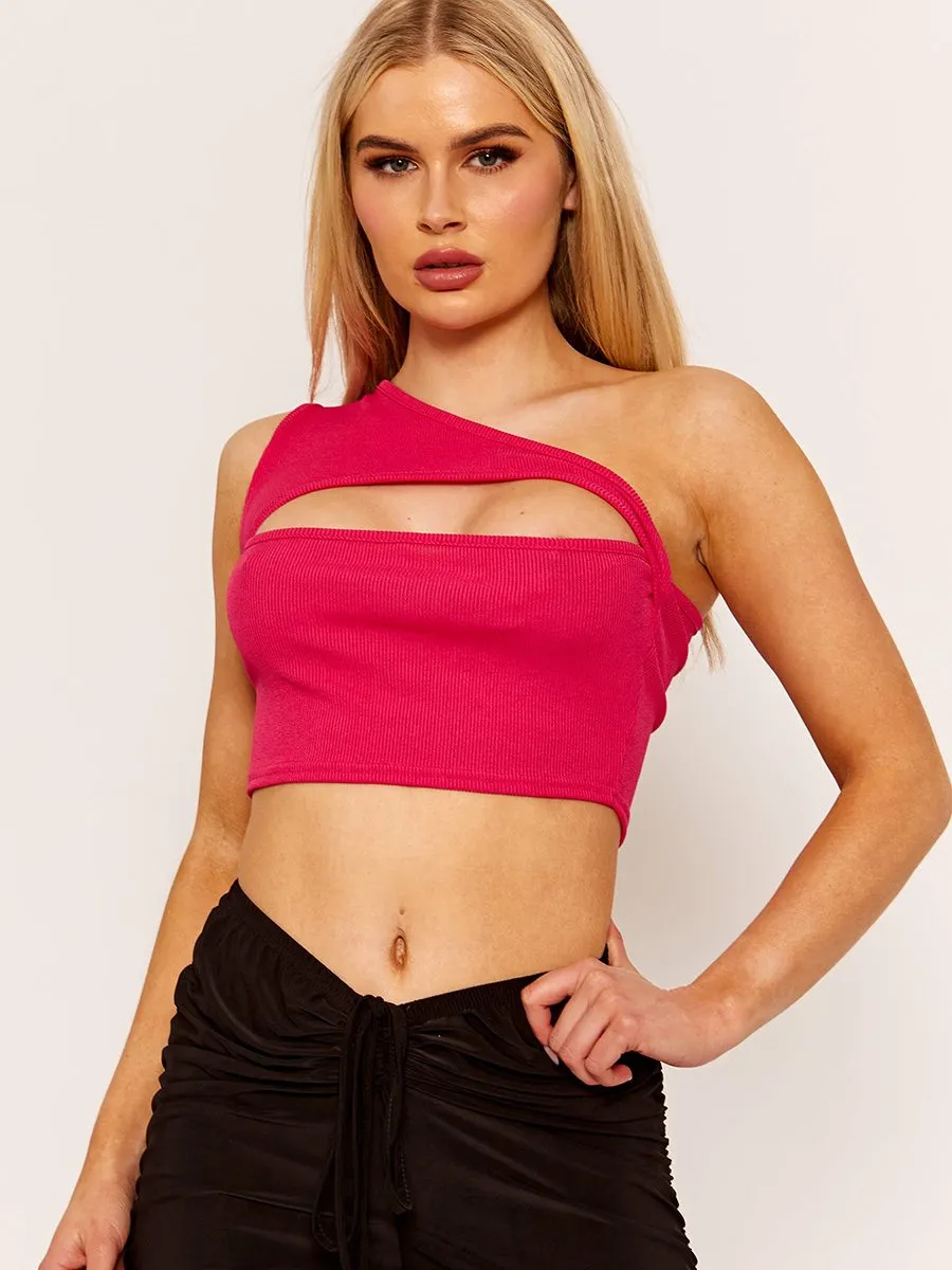 Kyara One Shoulder Cut Out Front Ribbed Crop Top In Fuchsia sold by Vivichi product image thumbnail 3