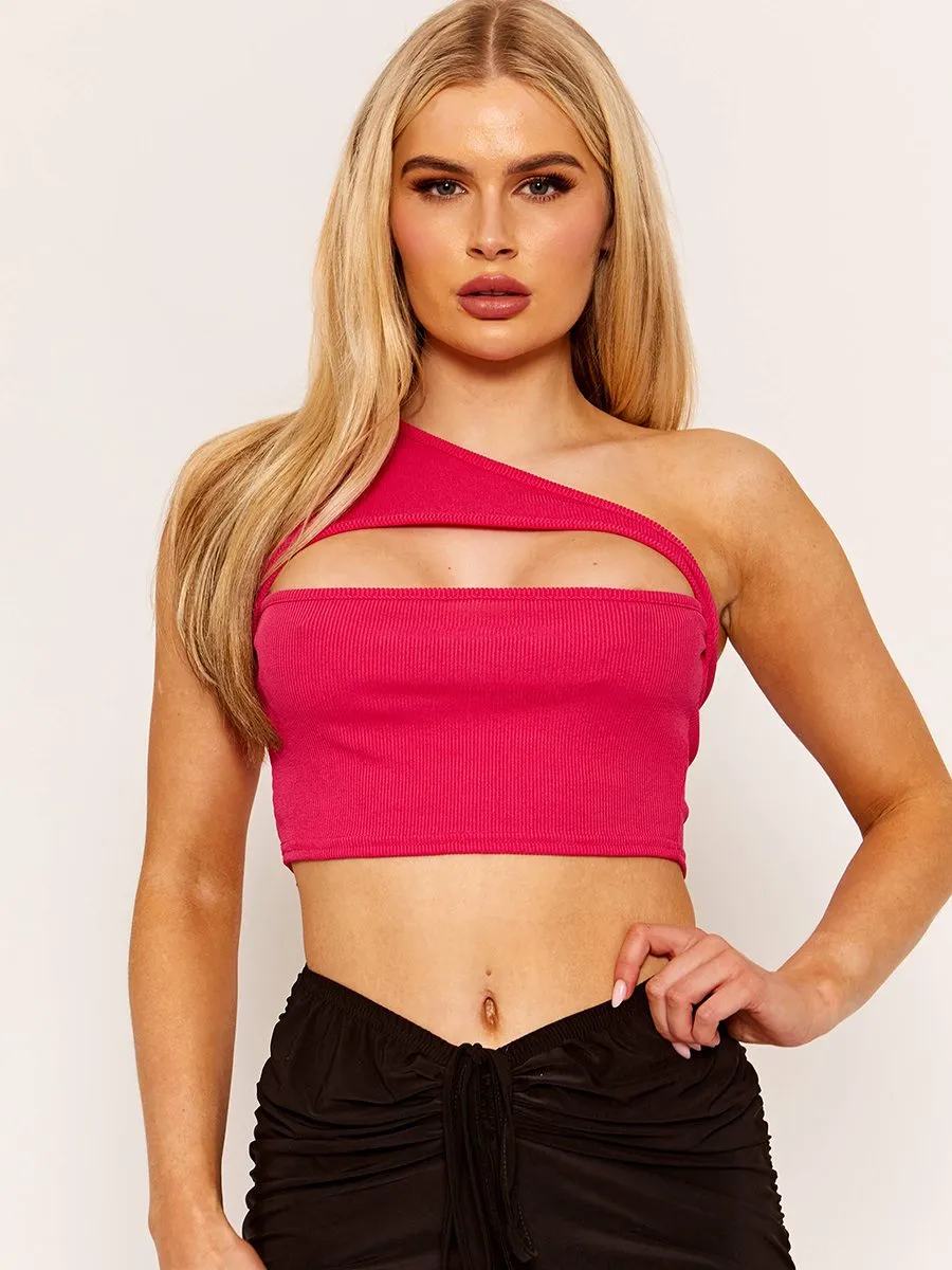 Kyara One Shoulder Cut Out Front Ribbed Crop Top In Fuchsia sold by Vivichi product image thumbnail 4
