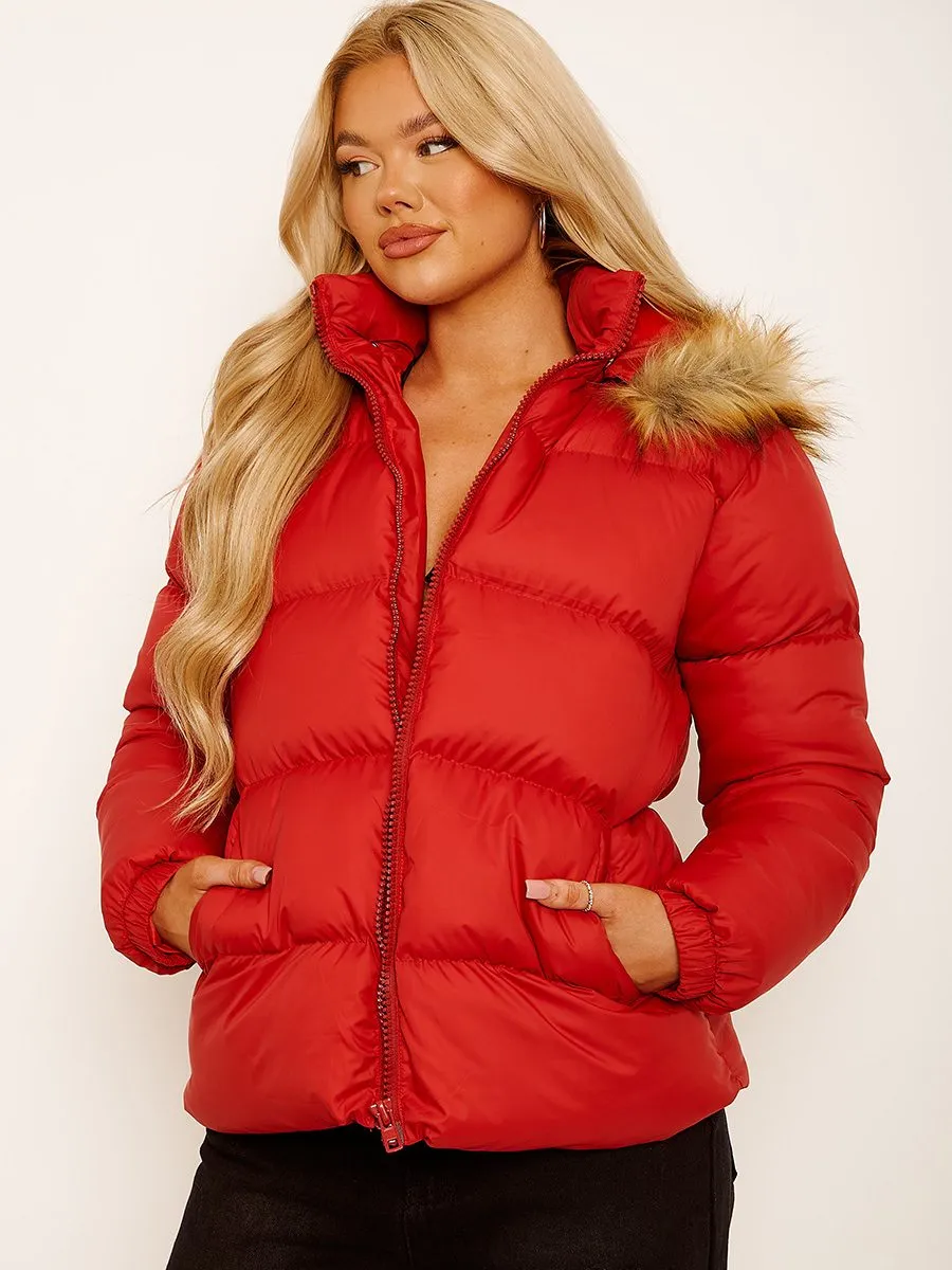 Vickie Faux Fur Trim Hood Padded Puffer Jacket In Red sold by Vivichi product image thumbnail 3