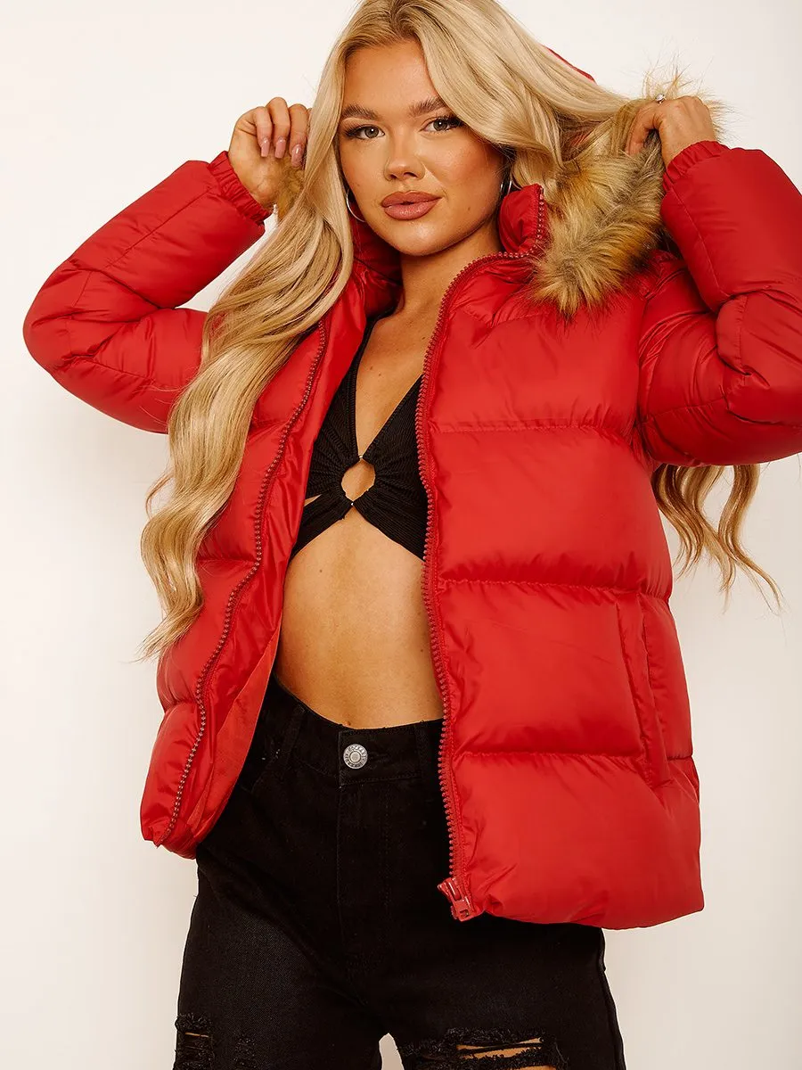 Vickie Faux Fur Trim Hood Padded Puffer Jacket In Red sold by Vivichi
