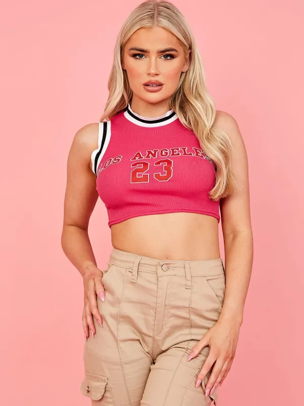 Tessa Los Angeles 23 Graphic Contrast Trim Tank Top In Fuchsia sold by Vivichi