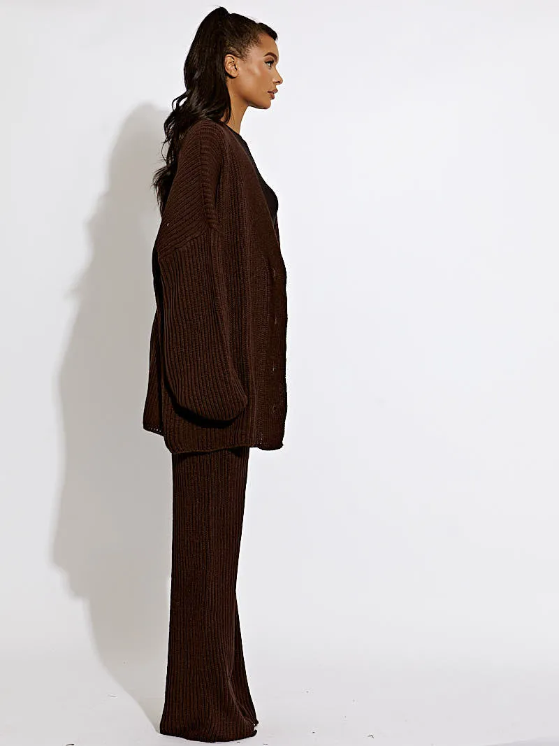 Cara Knitted Buttoned Cardigan & Wide Leg Trouser Co-ord In Chocolate sold by Vivichi product image thumbnail 3