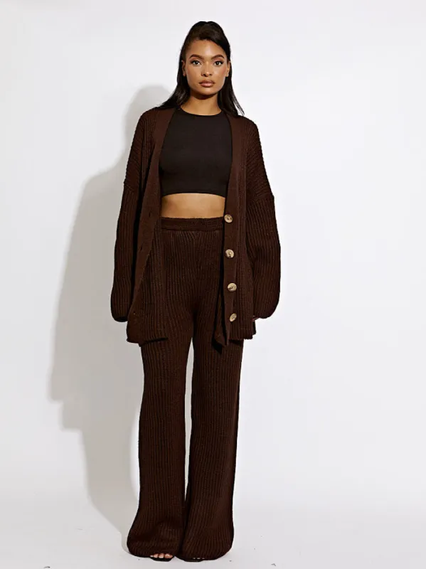 Cara Knitted Buttoned Cardigan & Wide Leg Trouser Co-ord In Chocolate sold by Vivichi