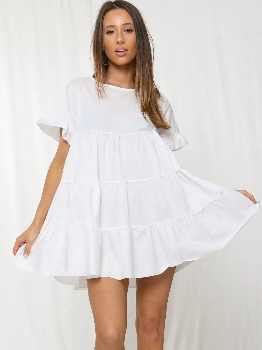 Cherelle Frill Detail Tiered Smock Dress In White sold by Vivichi