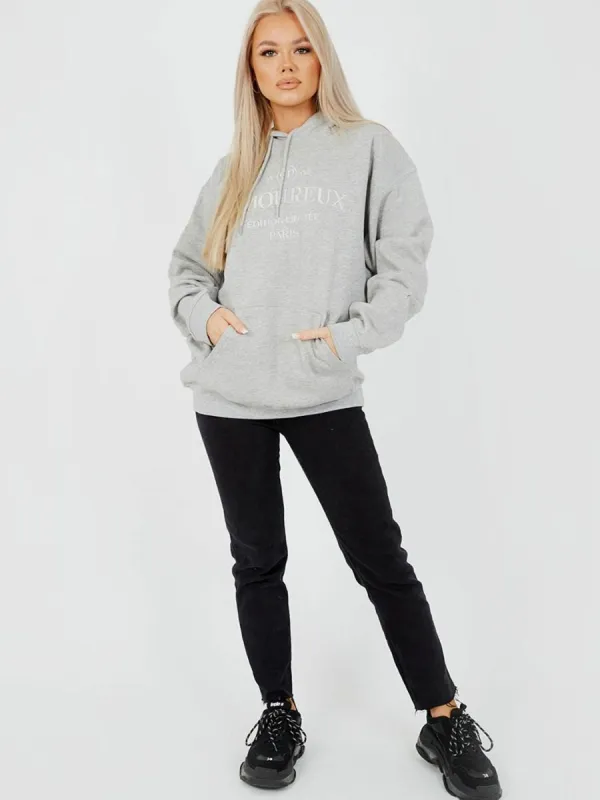Shannon Embroidered Amoureux Fleeced Hoodie In Grey sold by Vivichi