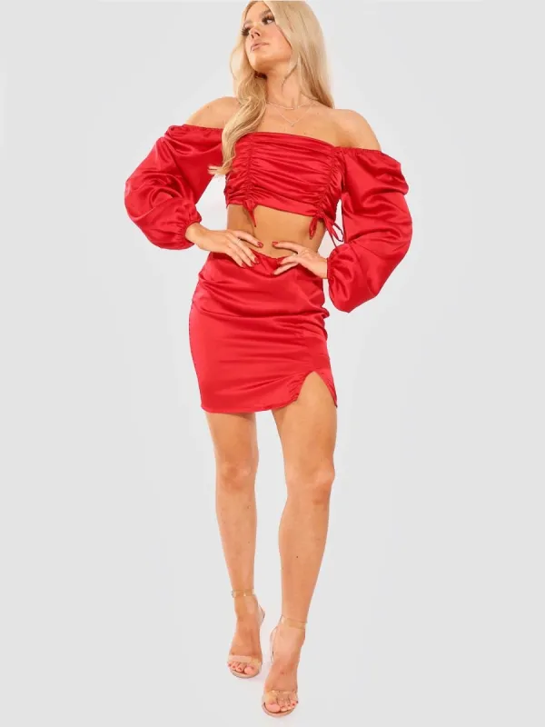 Phoebe Satin Crop Top & Skirt Co-ord In Red sold by Vivichi