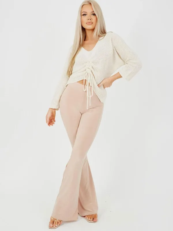 Stevie Scrunch Back Flared Slinky Trousers In Stone sold by Vivichi