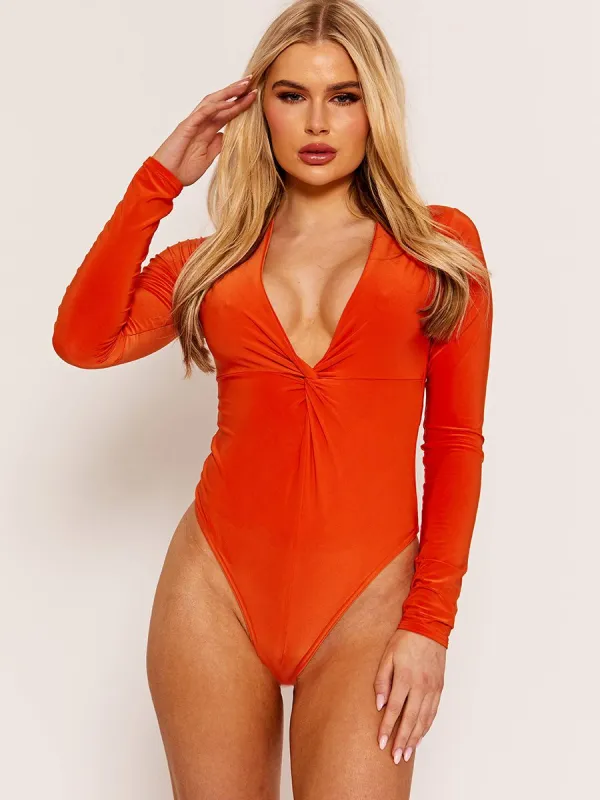 Bella Twist Front Slinky Bodysuit In Orange sold by Vivichi