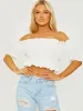 Ailin Ruched Frill Bardot Crop Top In Cream sold by Vivichi