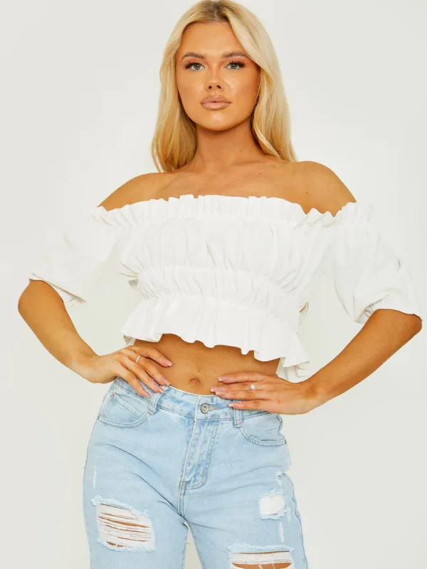 Ailin Ruched Frill Bardot Crop Top In Cream sold by Vivichi