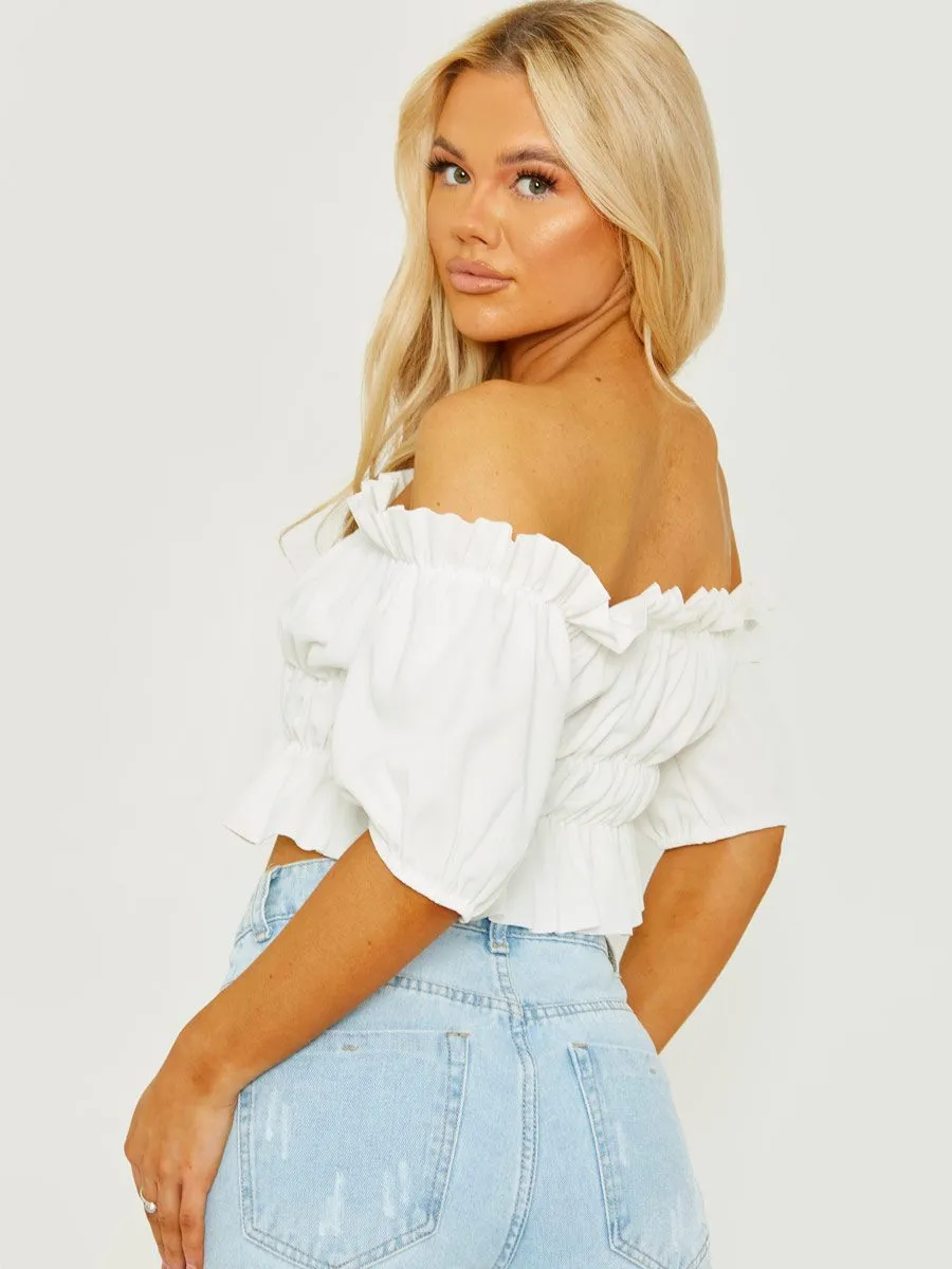 Ailin Ruched Frill Bardot Crop Top In Cream sold by Vivichi product image thumbnail 3