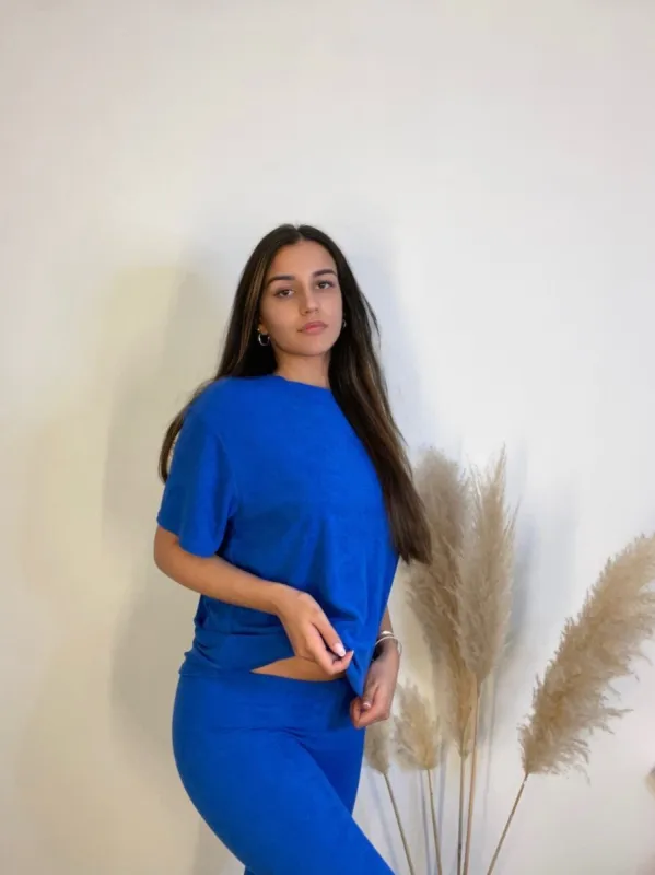 Jeni Towelling Fabric Oversized Top & Flare Trouser Co-ord In Royal sold by Vivichi