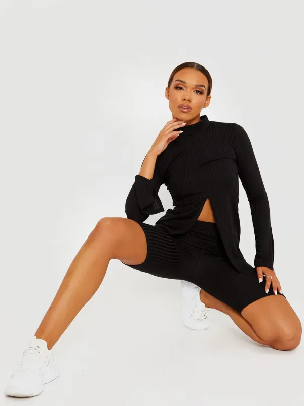 Sisi Split Front Ribbed Top & Cycling Shorts Co-ord In Black sold by Vivichi