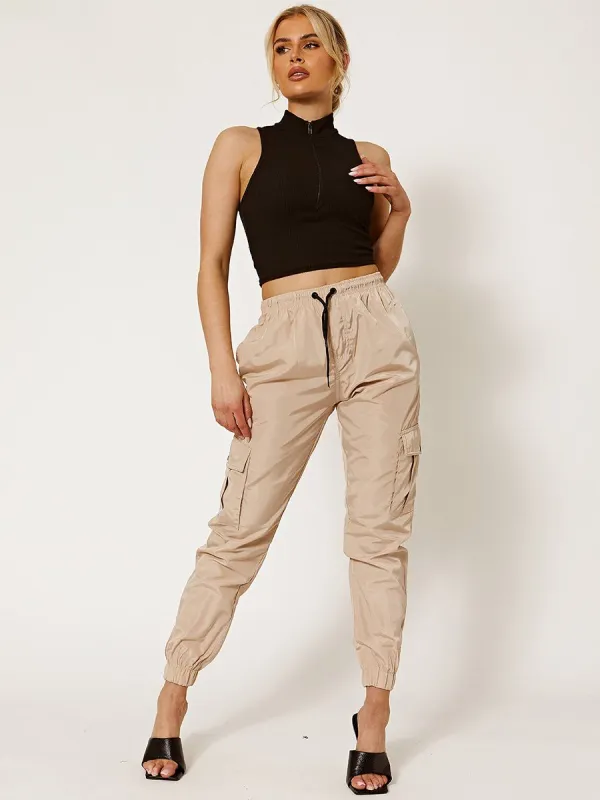 Olive Lightweight Shell Cargo Joggers In Stone sold by Vivichi