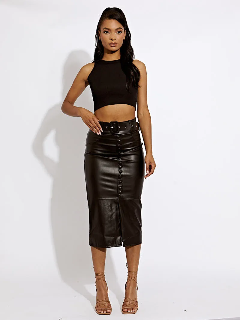 Nina PU Midi Skirt With Detachable Belt In Black sold by Vivichi