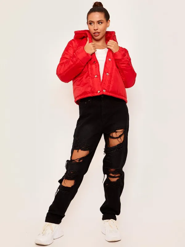 Zarra Hooded Padded Puffer Jacket In Red made by Vivichi