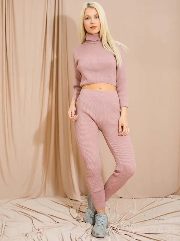 Stella Roll Neck Knitted Ribbed Loungewear Set In Rose sold by Vivichi