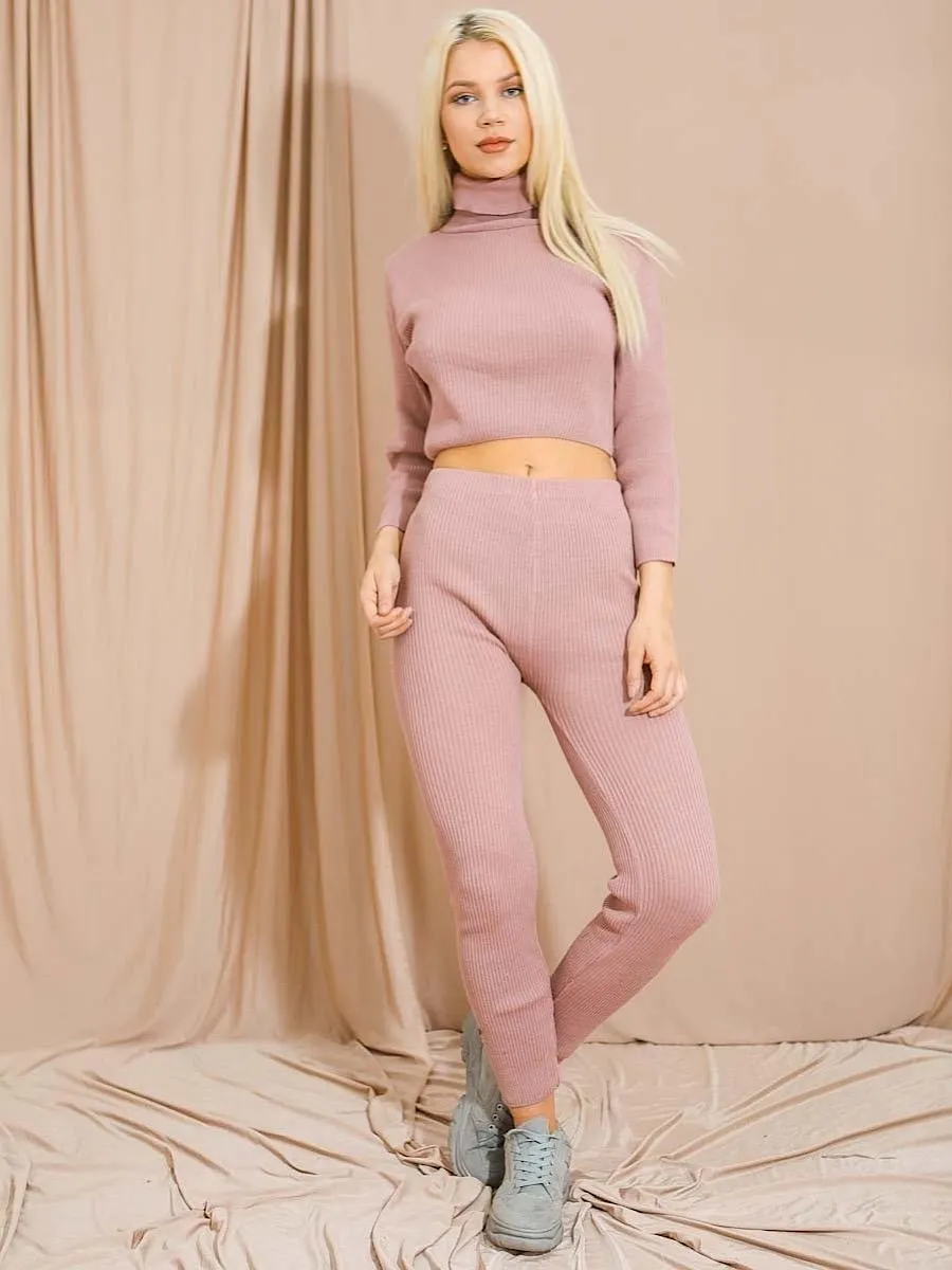 Stella Roll Neck Knitted Ribbed Loungewear Set In Rose sold by Vivichi