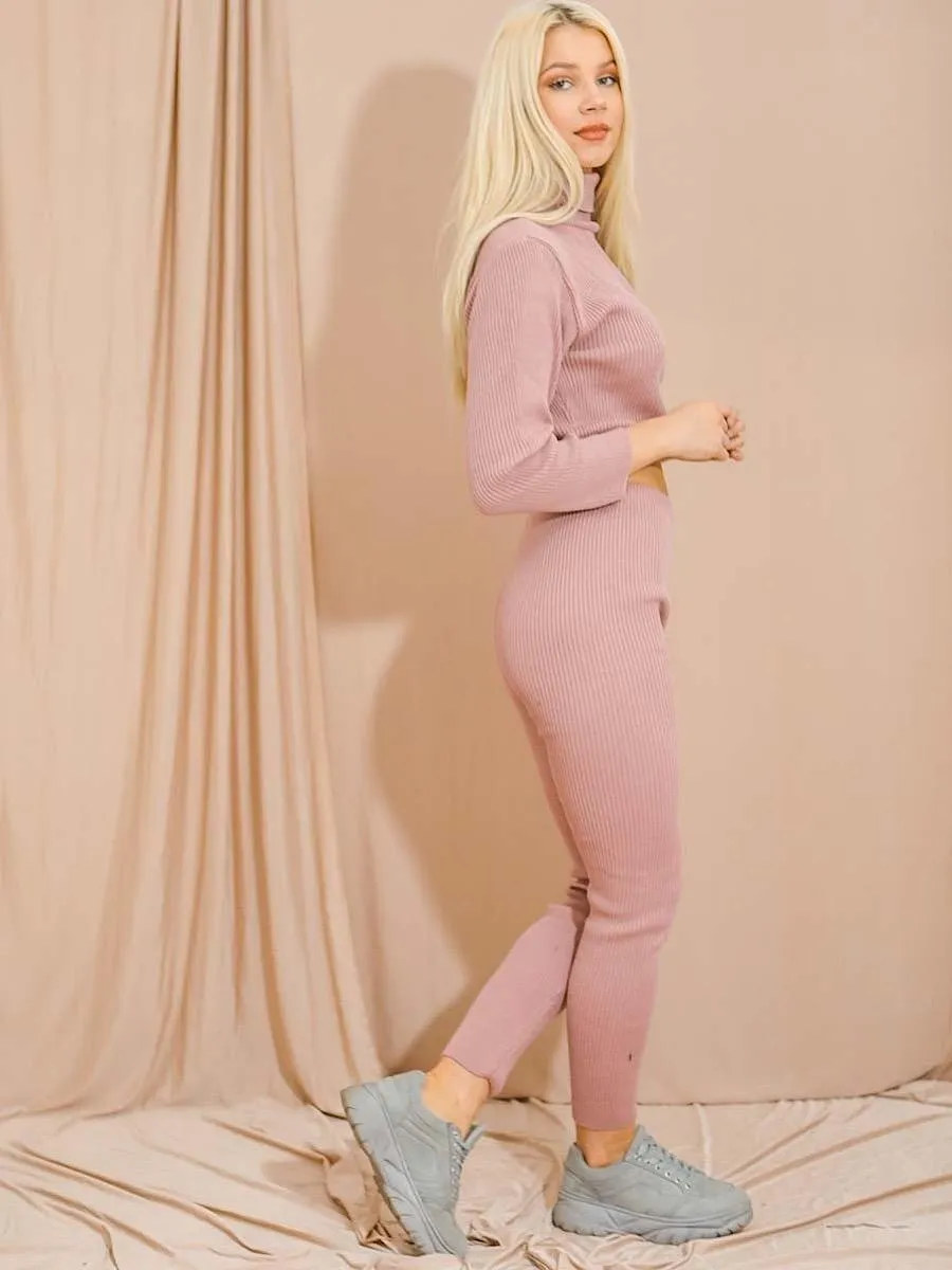 Stella Roll Neck Knitted Ribbed Loungewear Set In Rose sold by Vivichi product image thumbnail 3