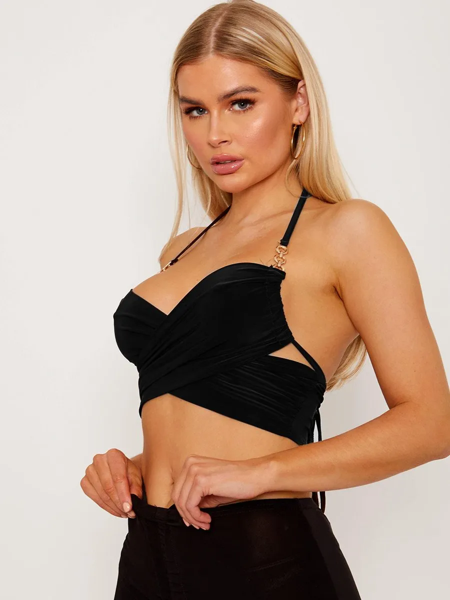 Shanya Cross Wrap Halter Crop Top with Chain Detail In Black sold by Vivichi product image thumbnail 2