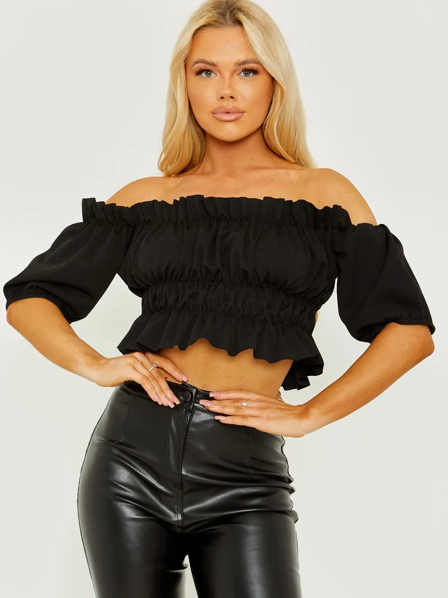 Ailin Ruched Frill Bardot Crop Top In Black sold by Vivichi