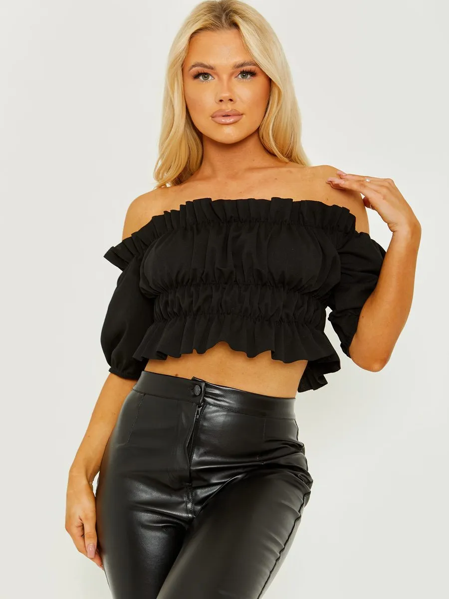 Ailin Ruched Frill Bardot Crop Top In Black sold by Vivichi product image thumbnail 2