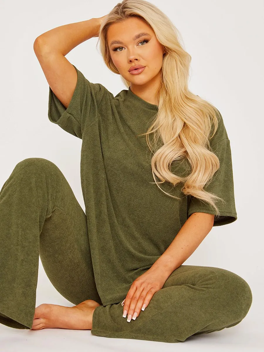 Jeni Towelling Fabric Oversized Top & Flare Trouser Co-ord In Khaki sold by Vivichi