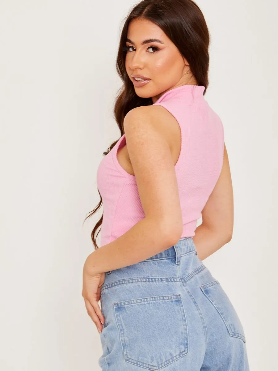 Arienne Sleeveless Zip Detail Ribbed Crop Top In Pink sold by Vivichi product image thumbnail 3