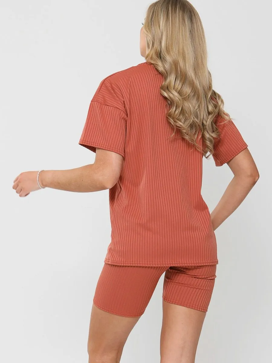 Millie Ribbed Oversized T-Shirt & Shorts Co-ord In Rust sold by Vivichi product image thumbnail 5