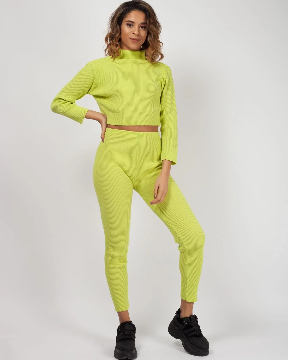 Stella Roll Neck Knitted Ribbed Loungewear Set In Lime Green sold by Vivichi product image thumbnail 2