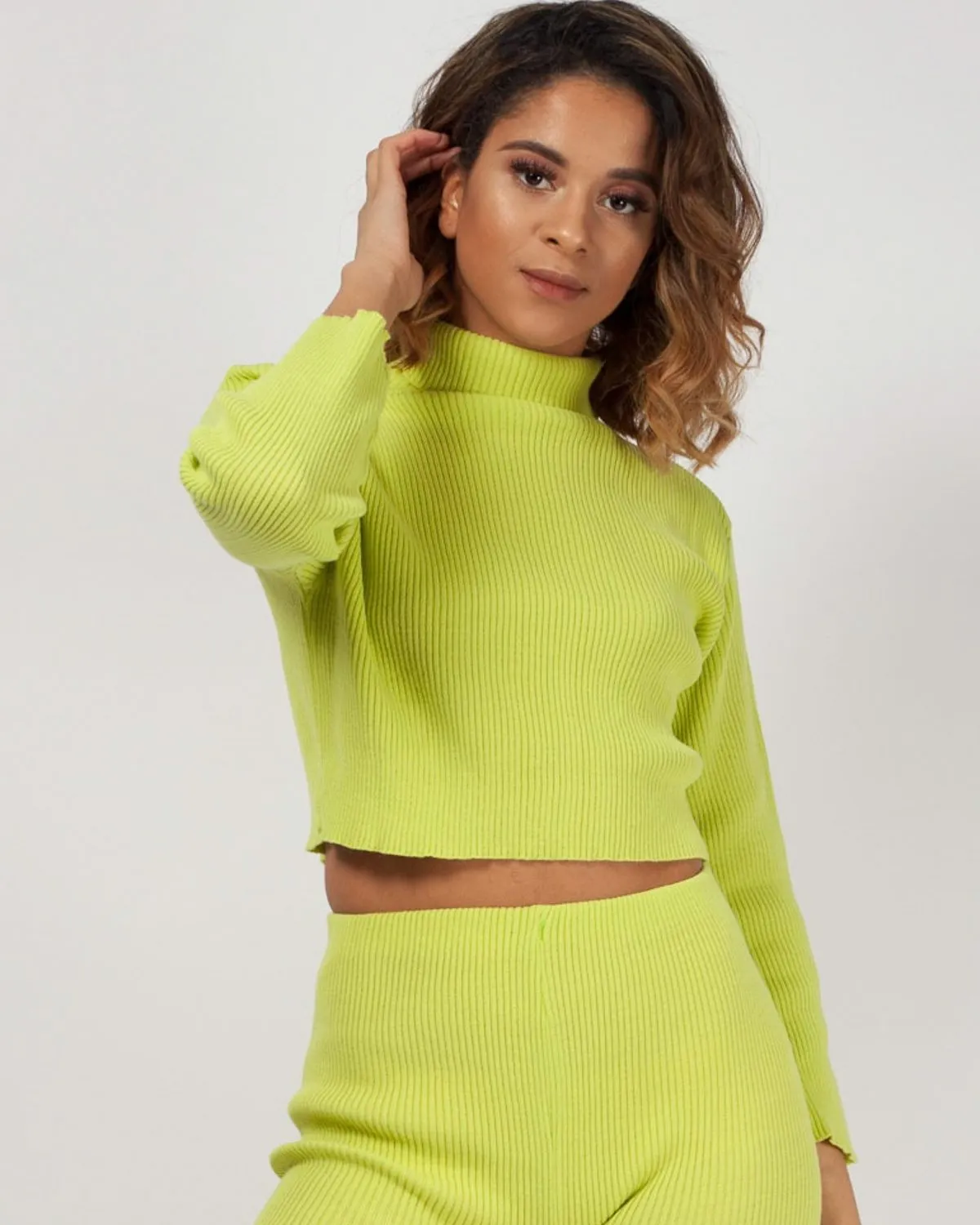 Stella Roll Neck Knitted Ribbed Loungewear Set In Lime Green sold by Vivichi product image thumbnail 4