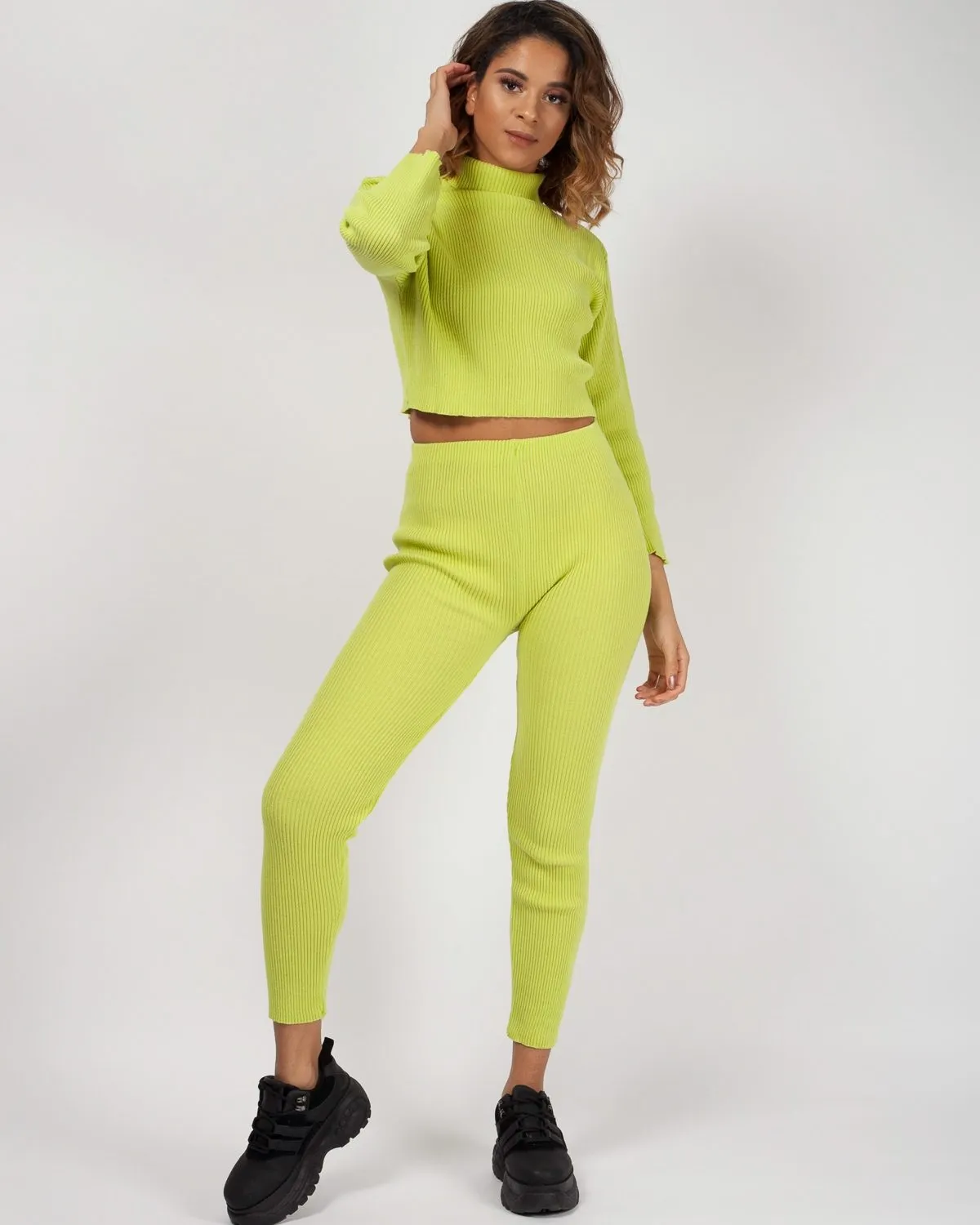 Stella Roll Neck Knitted Ribbed Loungewear Set In Lime Green sold by Vivichi