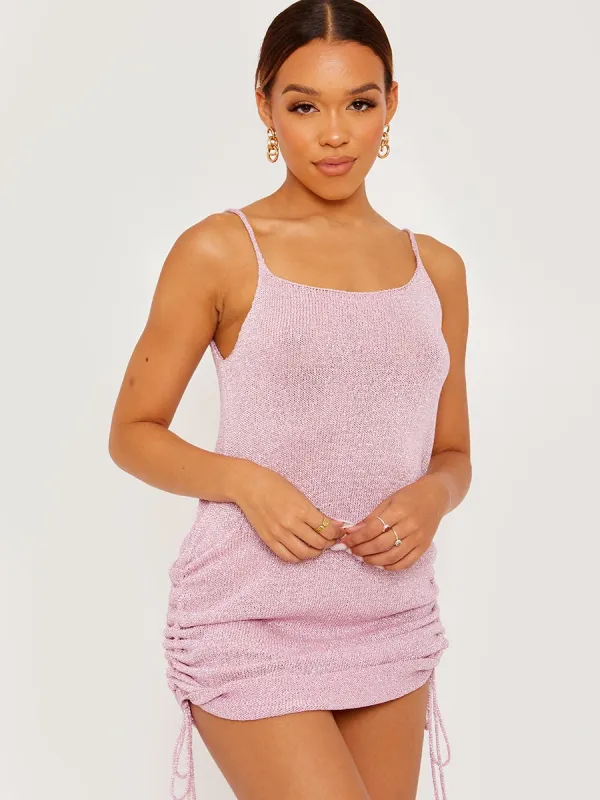 Lexi Lurex Knit Ruched Metallic Cami Dress In Pink sold by Vivichi