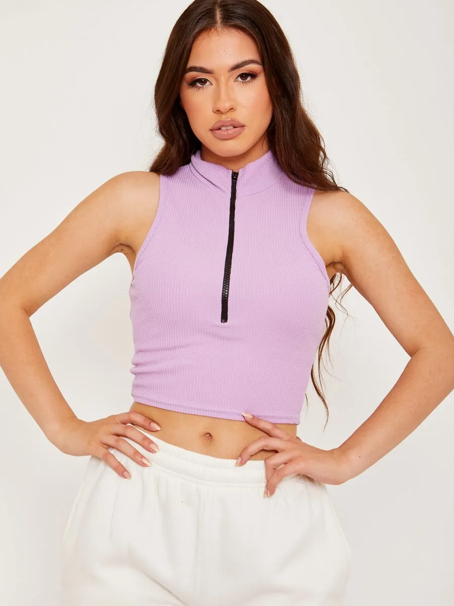 Arienne Sleeveless Zip Detail Ribbed Crop Top In Lilac sold by Vivichi product image thumbnail 2